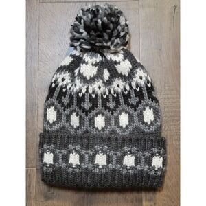 Lucky Brand Knit Beanie Hat with Pom Pom Gray Black White One Size Winter